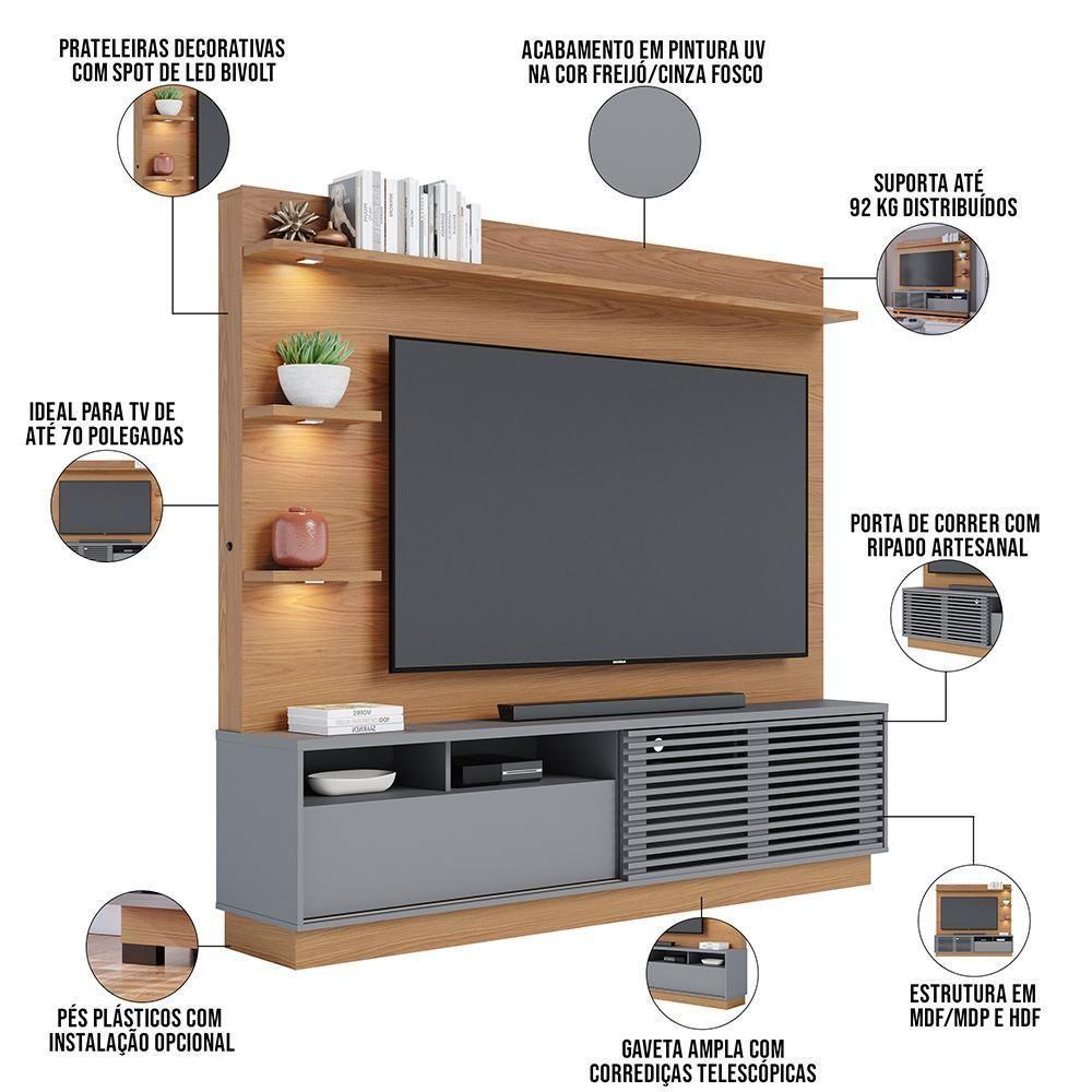 Estante Painel Para Tv 70 Pol Com Led Itapema C04 Freijó Cinza Fosco - Lyam Decor - 2