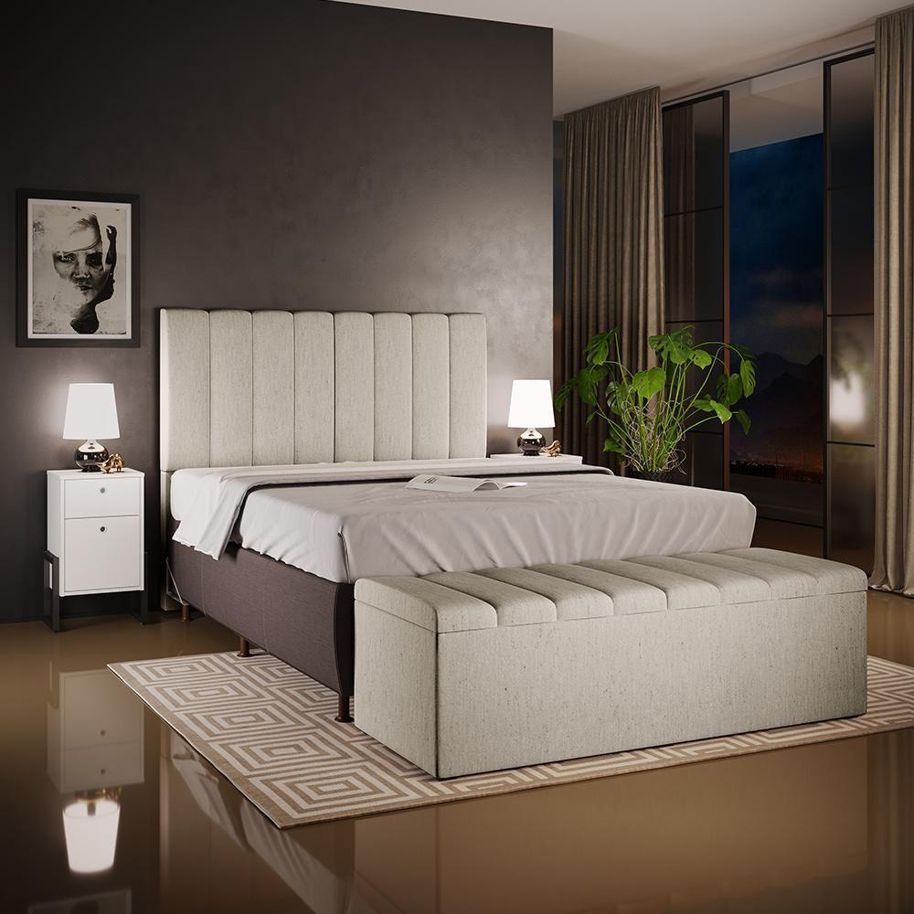 Calçadeira Recamier Baú Para Cama De Casal Queen Dália 195x50 Cm W01 Linho Bege - Lyam - 6