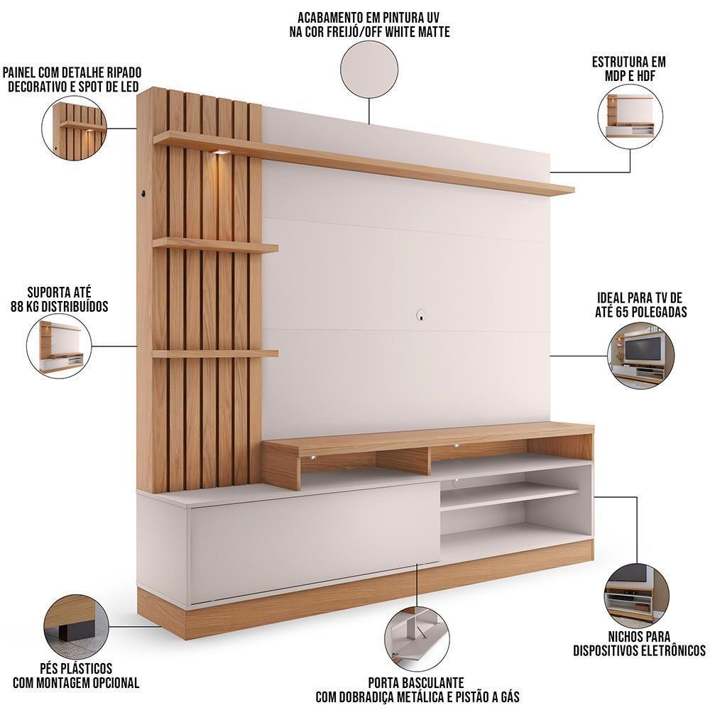 Estante Painel Para Tv 65 Pol Com Led Aracati C04 Freijó Off White Matte - Lyam Decor - 2