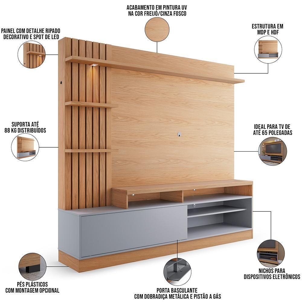 Estante Painel Para Tv 65 Pol Com Led Aracati C04 Freijó Cinza Fosco - Lyam Decor - 2