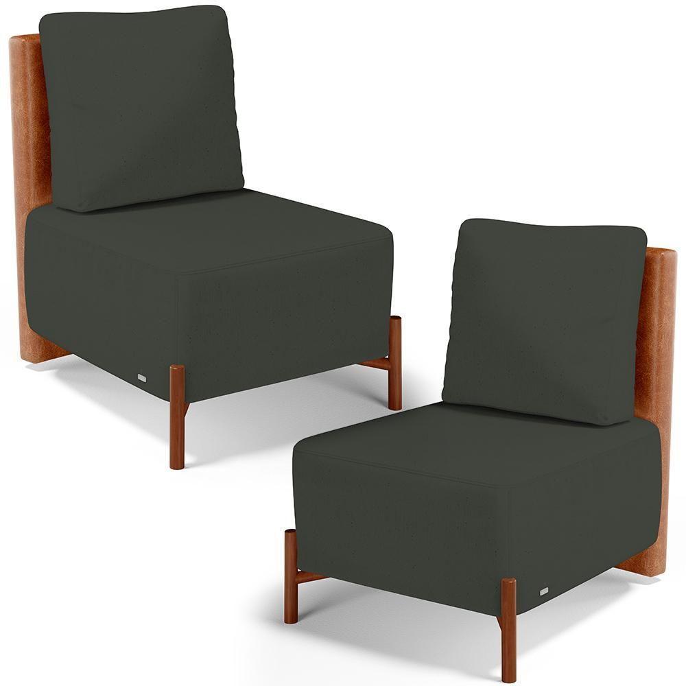 Kit 02 Poltronas Decorativas Sala Estar Living Hungria L02 Couríssimo Camel Linho Verde Musgo - Lyam - 1