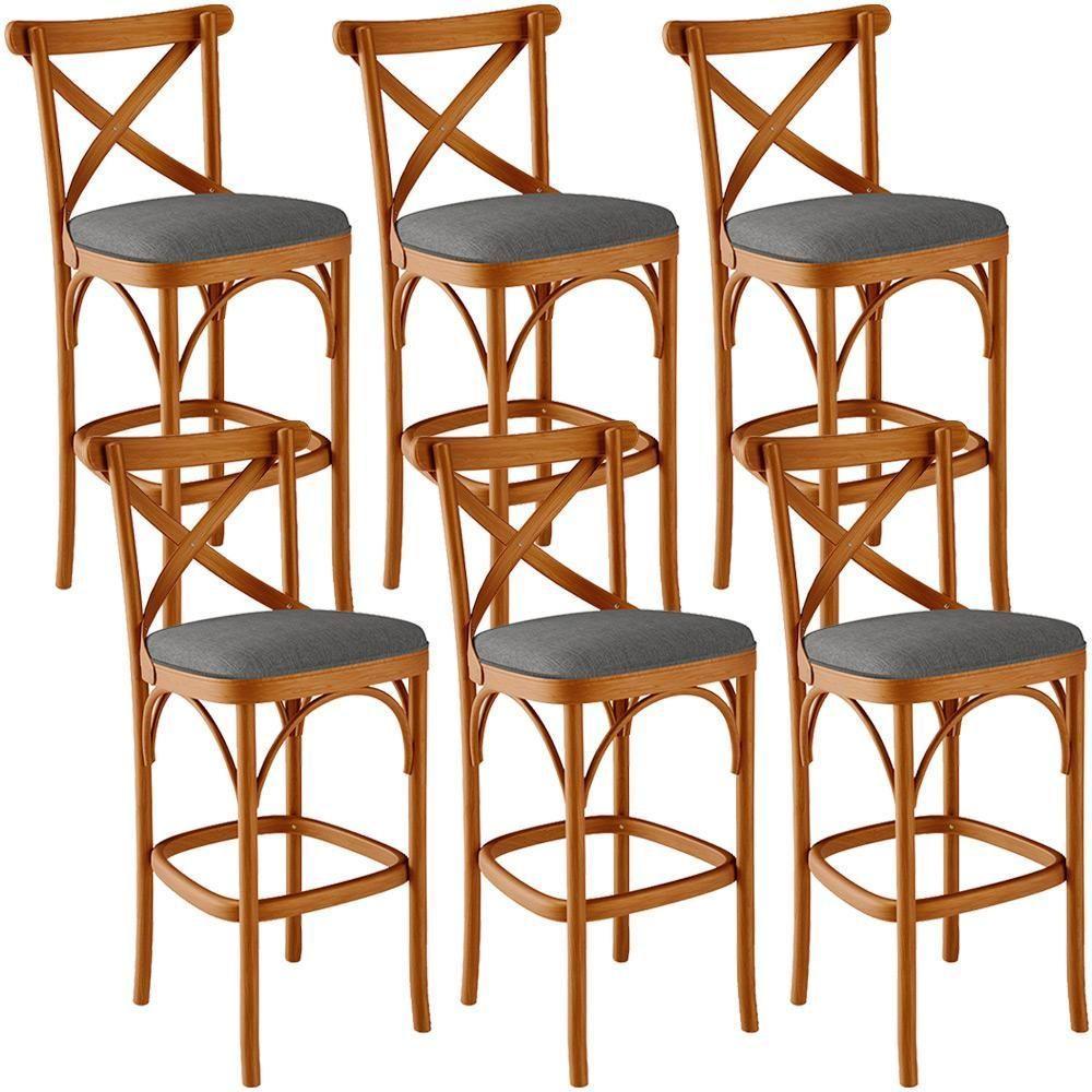 Kit 06 Banquetas Altas Cozinha Bancada Bar Sala Jantar Estofada ávila L02 Linho Cinza Escuro - Lyam - 1