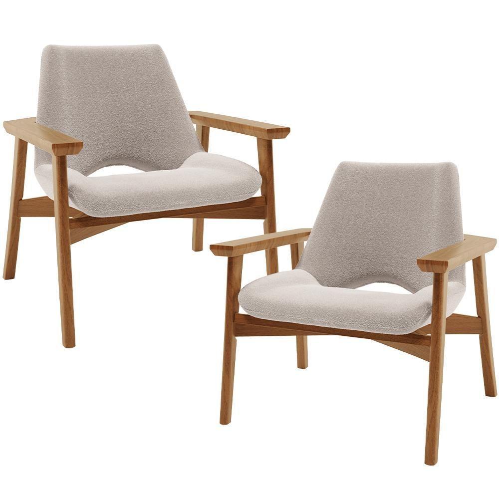 Kit 02 Poltronas Decorativa Para Sala De Estar Living Base Madeira Becker L02 Bouclê Creme - Lyam Decor - 1