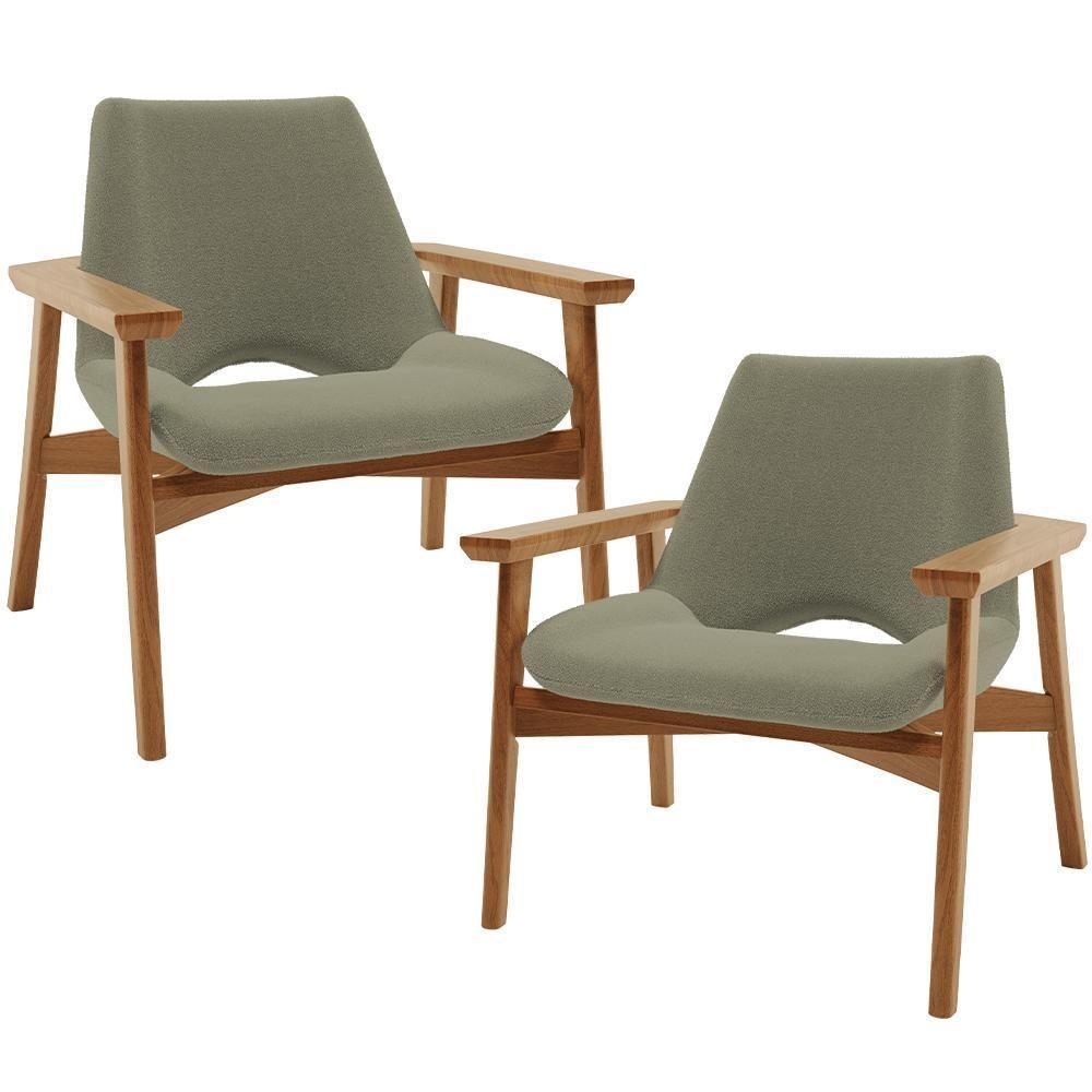Kit 02 Poltronas Decorativa Para Sala De Estar Living Base Madeira Becker L02 Bouclê Oliva - Lyam Decor - 1