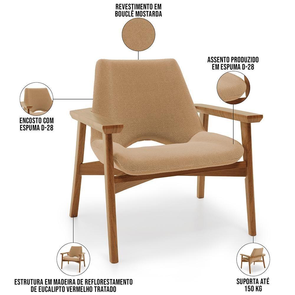 Kit 02 Poltronas Decorativa Para Sala De Estar Living Base Madeira Becker L02 Bouclê Mostarda - Lyam Decor - 7