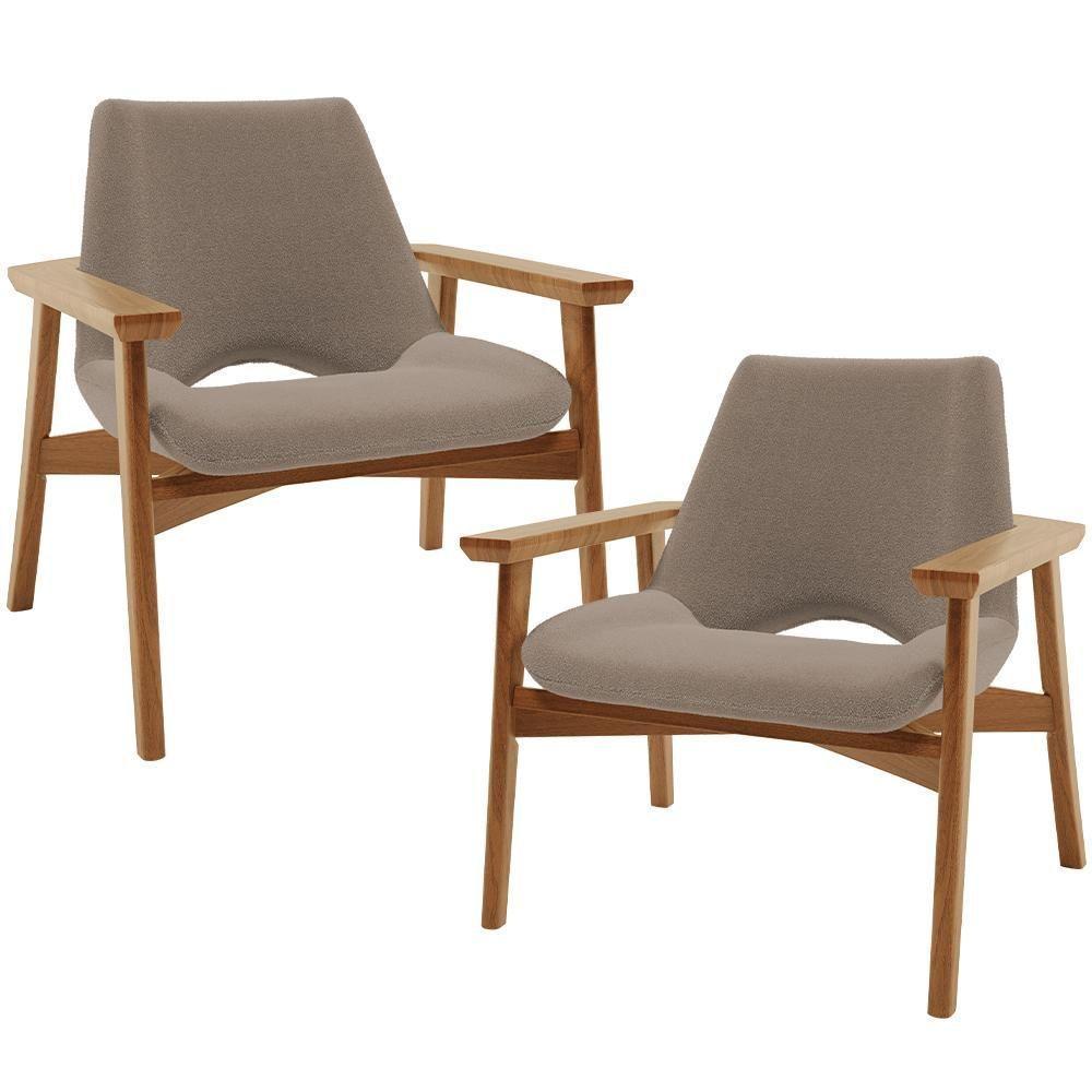 Kit 02 Poltronas Decorativa Para Sala De Estar Living Base Madeira Becker L02 Bouclê Bege - Lyam Decor - 1