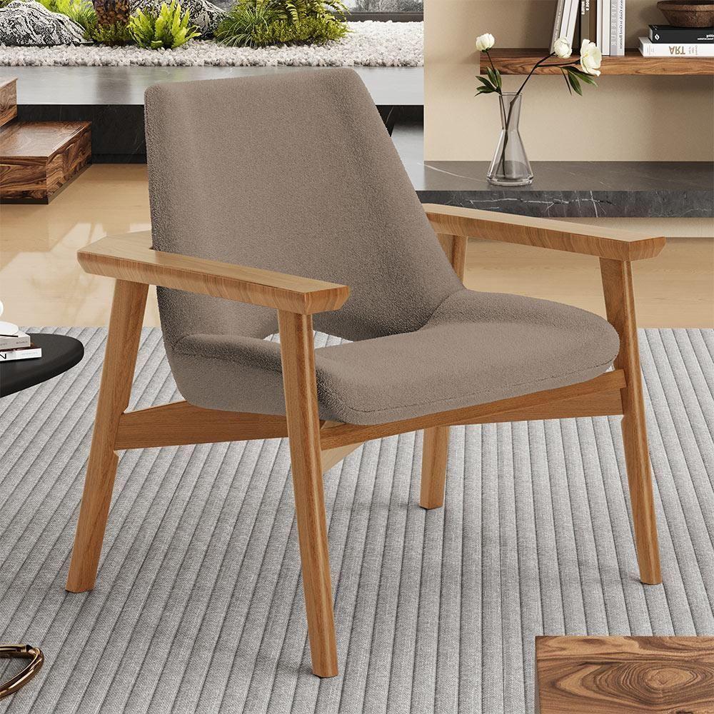 Kit 02 Poltronas Decorativa Para Sala De Estar Living Base Madeira Becker L02 Bouclê Bege - Lyam Decor - 6