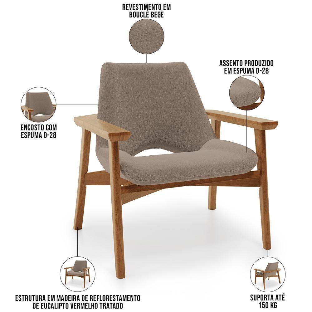 Kit 02 Poltronas Decorativa Para Sala De Estar Living Base Madeira Becker L02 Bouclê Bege - Lyam Decor - 7