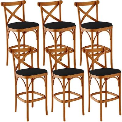 Kit 06 Banquetas Altas Ávila Assento Tecido Estrutura Madeira Maciça Encosto Fixo Preto