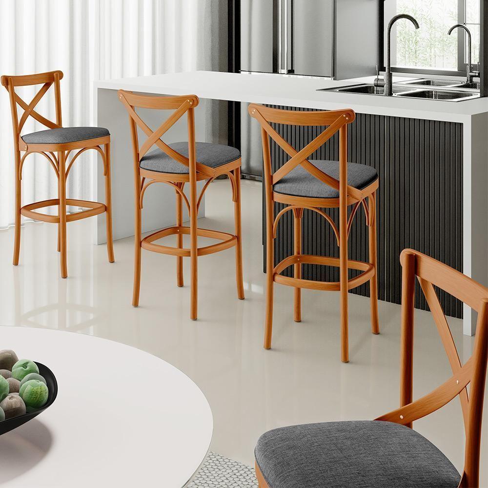 Kit 05 Banquetas Altas Cozinha Bancada Bar Sala Jantar Estofada ávila L02 Linho Cinza Escuro - Lyam - 7