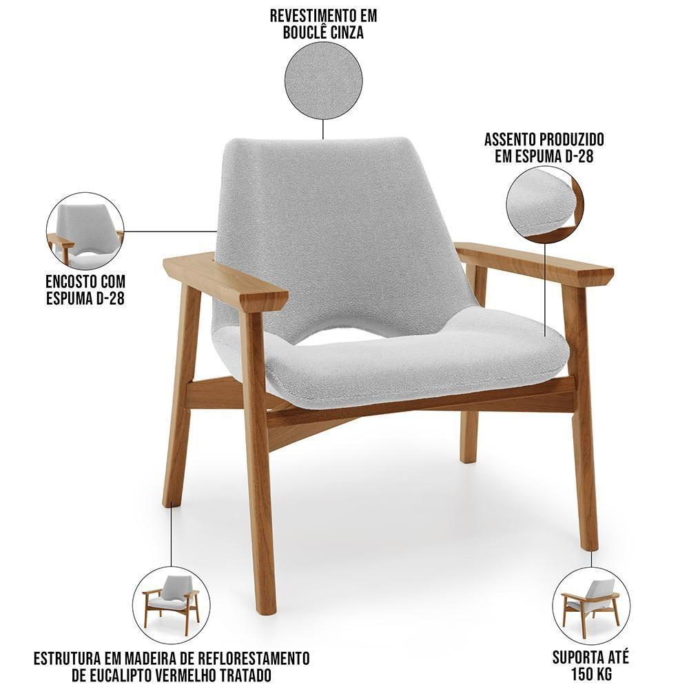 Kit 02 Poltronas Decorativa Para Sala De Estar Living Base Madeira Becker L02 Bouclê Cinza - Lyam Decor - 7