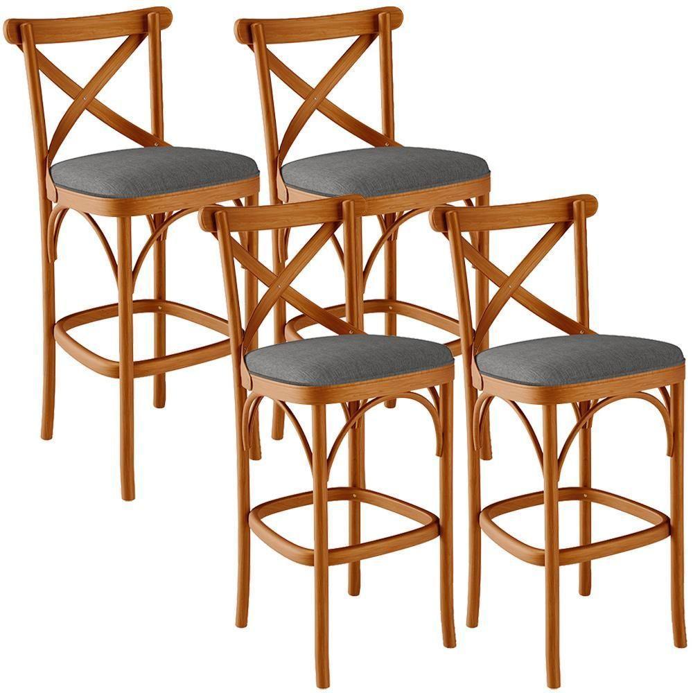 Kit 04 Banquetas Altas Cozinha Bancada Bar Sala Jantar Estofada ávila L02 Linho Cinza Escuro - Lyam - 1