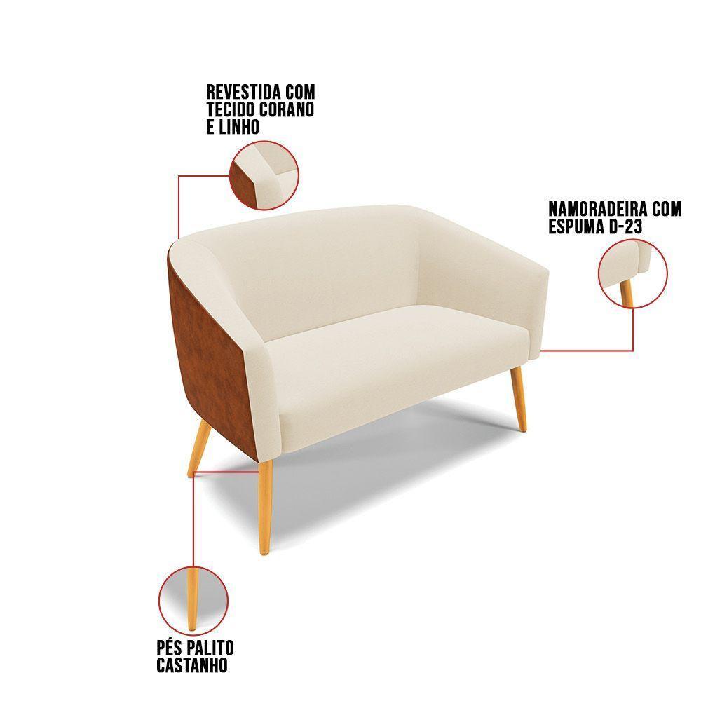Namoradeira 02 Lugares Stella Corano Nozes Com Linho Bege A19 Pés Palito Castanho - D'rossi - 6