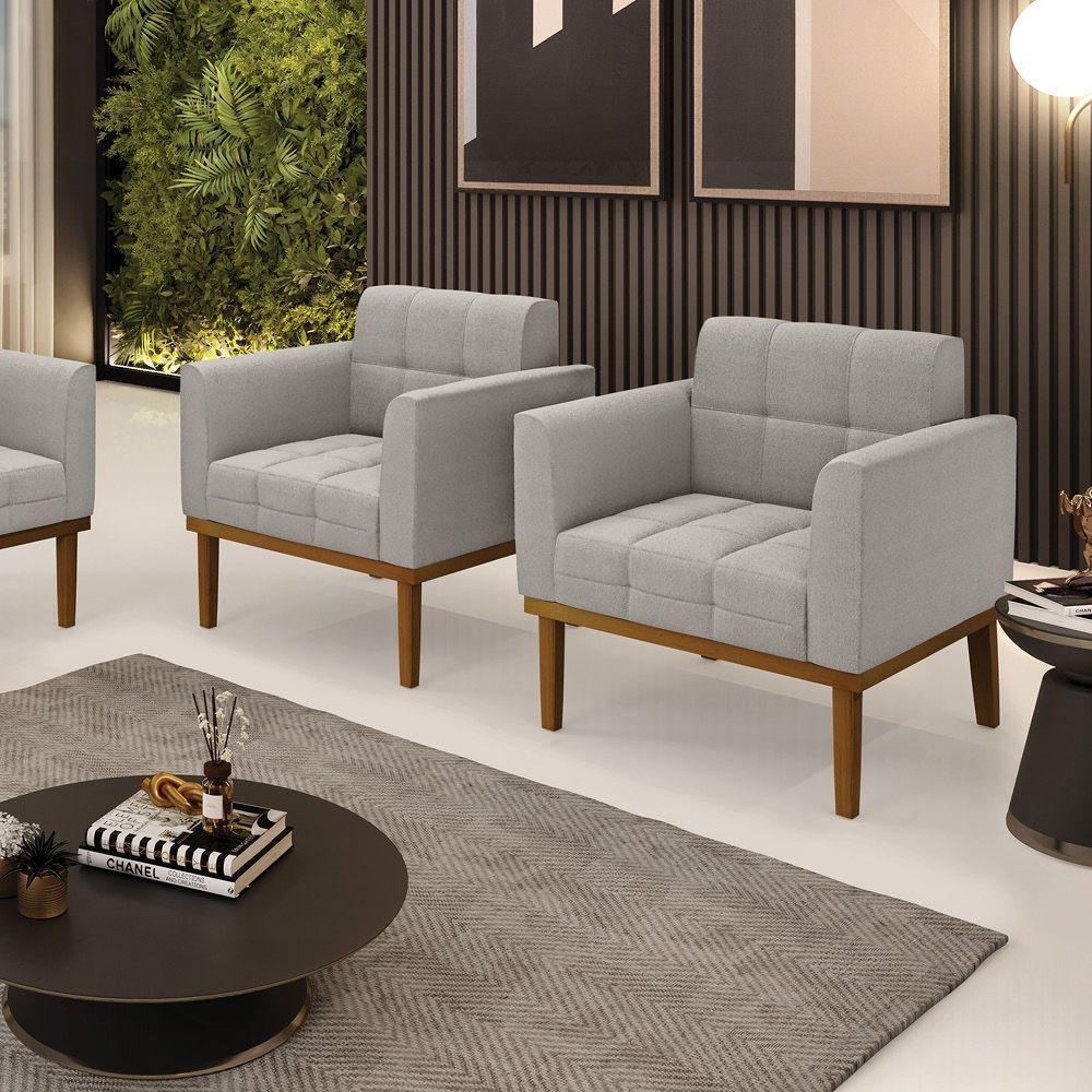 Poltrona Sala Base Madeira Fixa Castanho Kit 2 Elisa Bouclê D03 - D'rossi Cor Cinza - 7