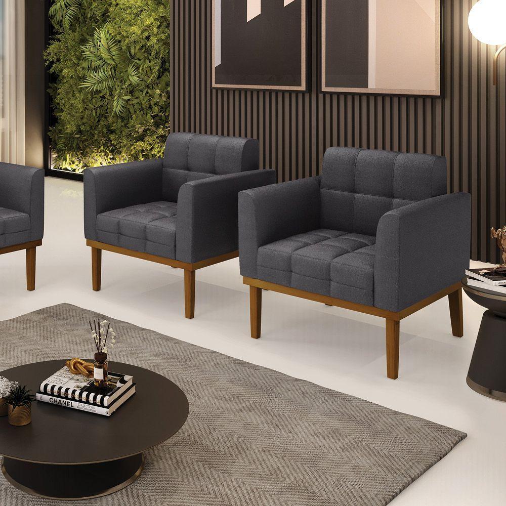 Poltrona Sala Base Madeira Fixa Castanho Kit 2 Elisa Bouclê D03 - D'rossi Cor Grafite - 7