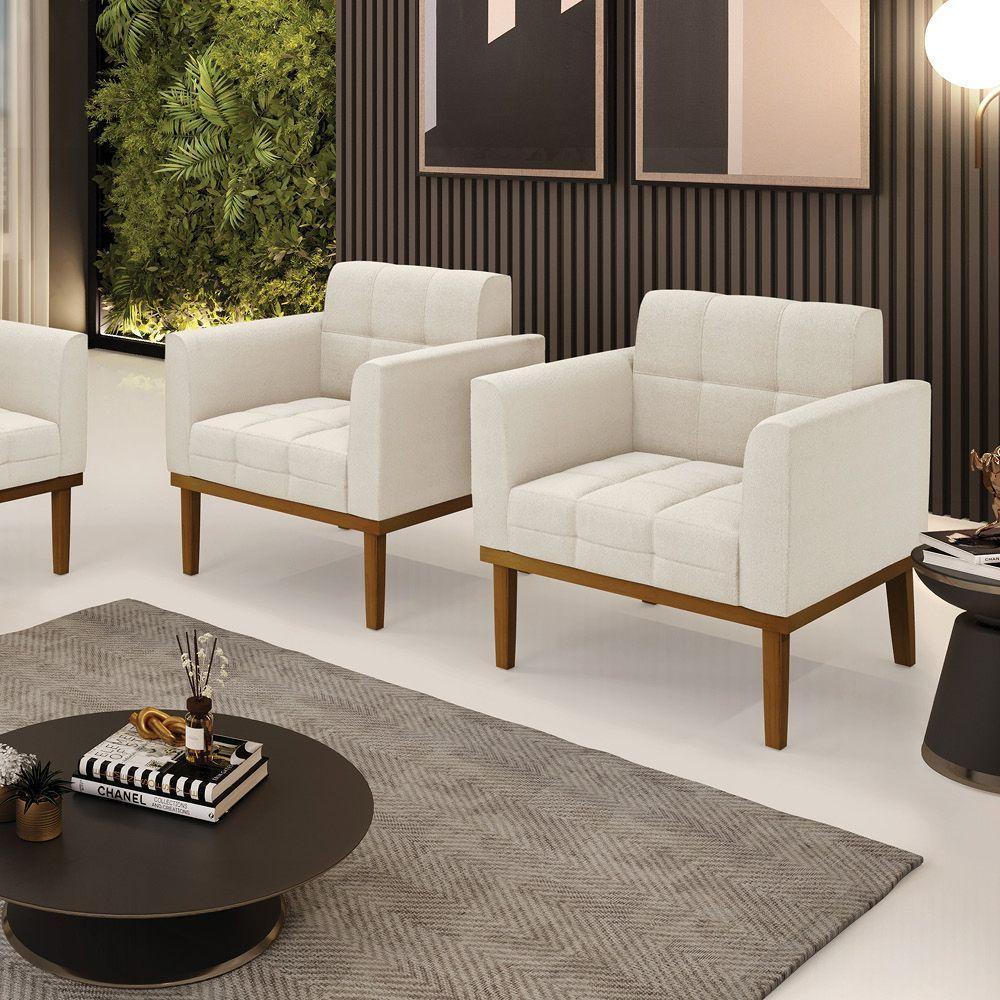 Poltrona Sala Base Madeira Fixa Castanho Kit 2 Elisa Bouclê Bege D03 - D'rossi - 7