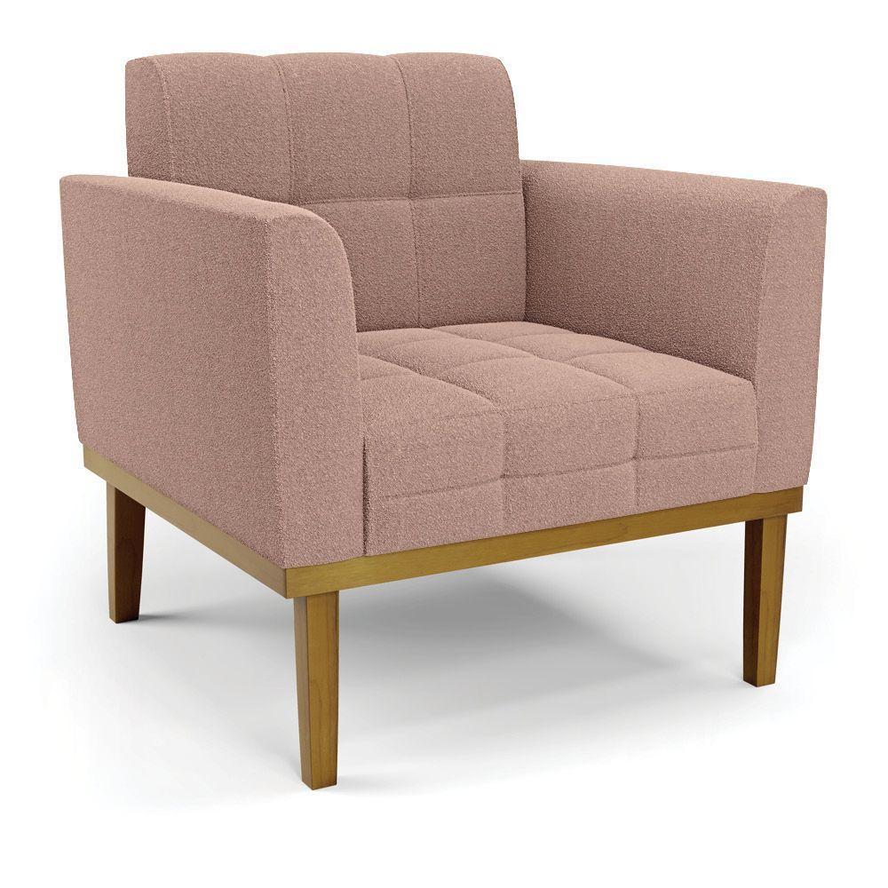 Poltrona Sala Base Madeira Fixa Castanho Kit 2 Elisa Bouclê Rosê D03 - D'rossi - 3