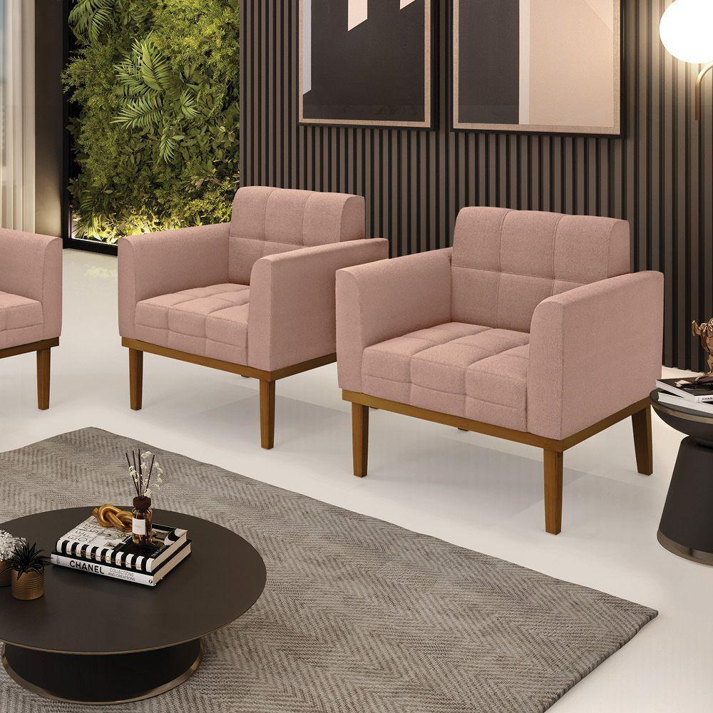 Poltrona Sala Base Madeira Fixa Castanho Kit 2 Elisa Bouclê Rosê D03 - D'rossi - 7