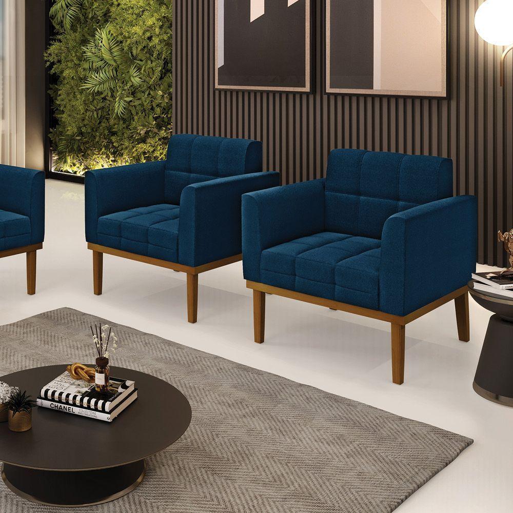 Poltrona Sala Base Madeira Fixa Castanho Kit 2 Elisa Bouclê D03 - D'rossi Cor Azul - 7