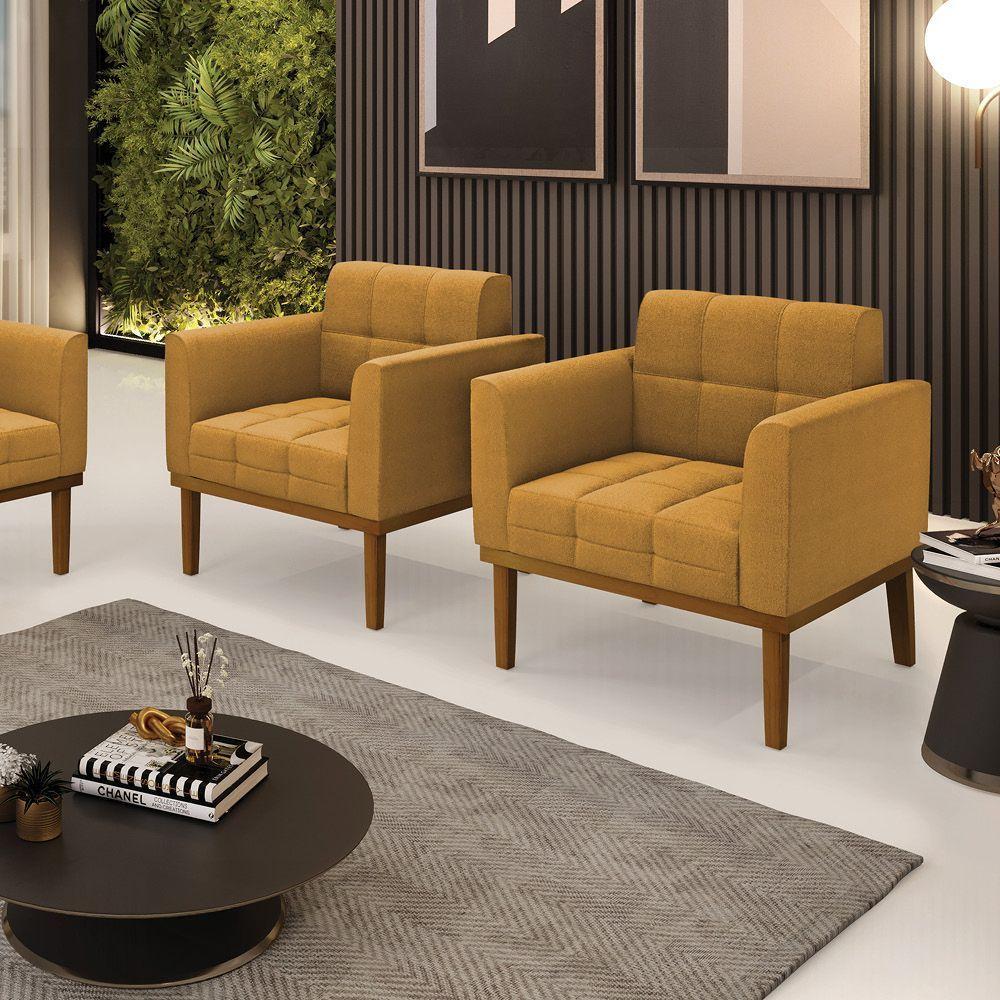 Poltrona Sala Base Madeira Fixa Castanho Kit 2 Elisa Bouclê D03 - D'rossi Cor Mostarda - 7