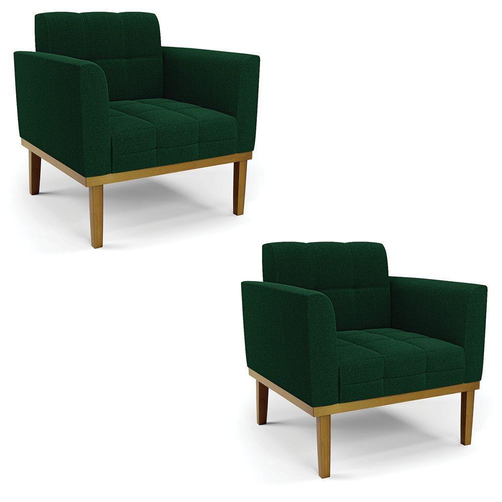 Poltrona Sala Base Madeira Fixa Castanho Kit 2 Elisa Bouclê Verde D03 - D'rossi - 1