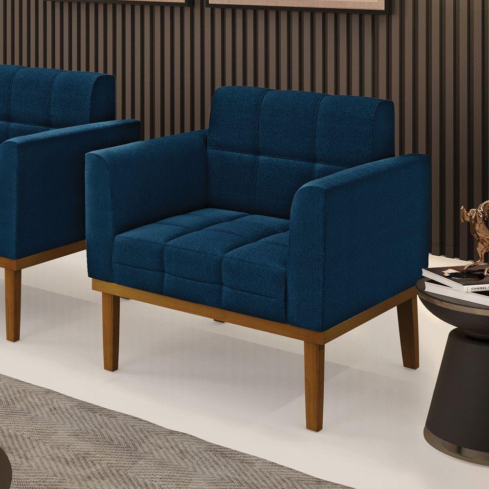 Poltrona Sala Base Madeira Fixa Castanho Elisa Bouclê Azul D03 - D'rossi - 6