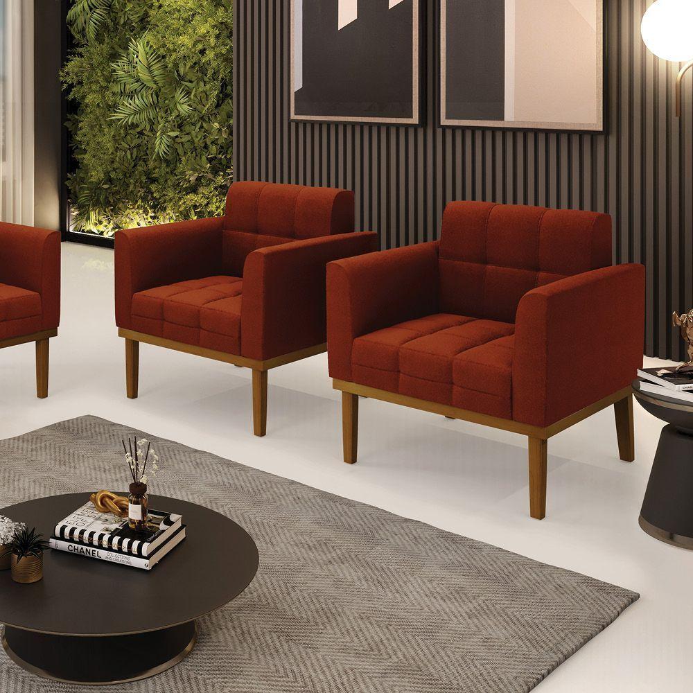 Poltrona Sala Base Madeira Fixa Castanho Kit 2 Elisa Bouclê Terra D03 - D'rossi - 7