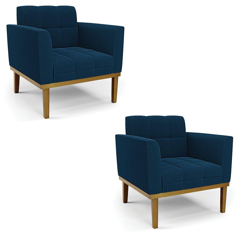 Poltrona Sala Base Madeira Fixa Castanho Kit 2 Elisa Bouclê Azul D03 - D'rossi - 1