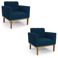 Poltrona Sala Base Madeira Fixa Castanho Kit 2 Elisa Bouclê Azul D03 - D'rossi - 1