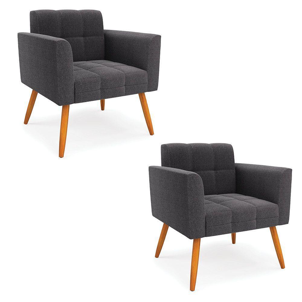 Poltrona Sala Estar Pé Palito Castanho Kit 2 Elisa Bouclê Grafite D03 - D'rossi - 1