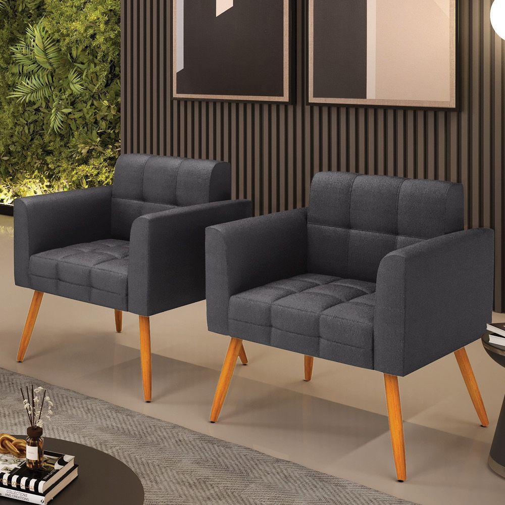 Poltrona Sala Estar Pé Palito Castanho Kit 2 Elisa Bouclê Grafite D03 - D'rossi - 7