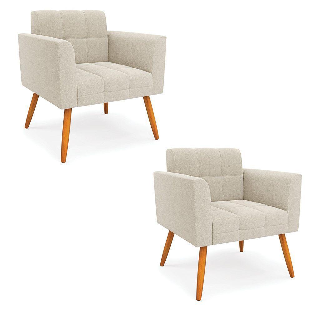 Poltrona Sala Estar Pé Palito Castanho Kit 2 Elisa Bouclê Bege D03 - D'rossi - 1