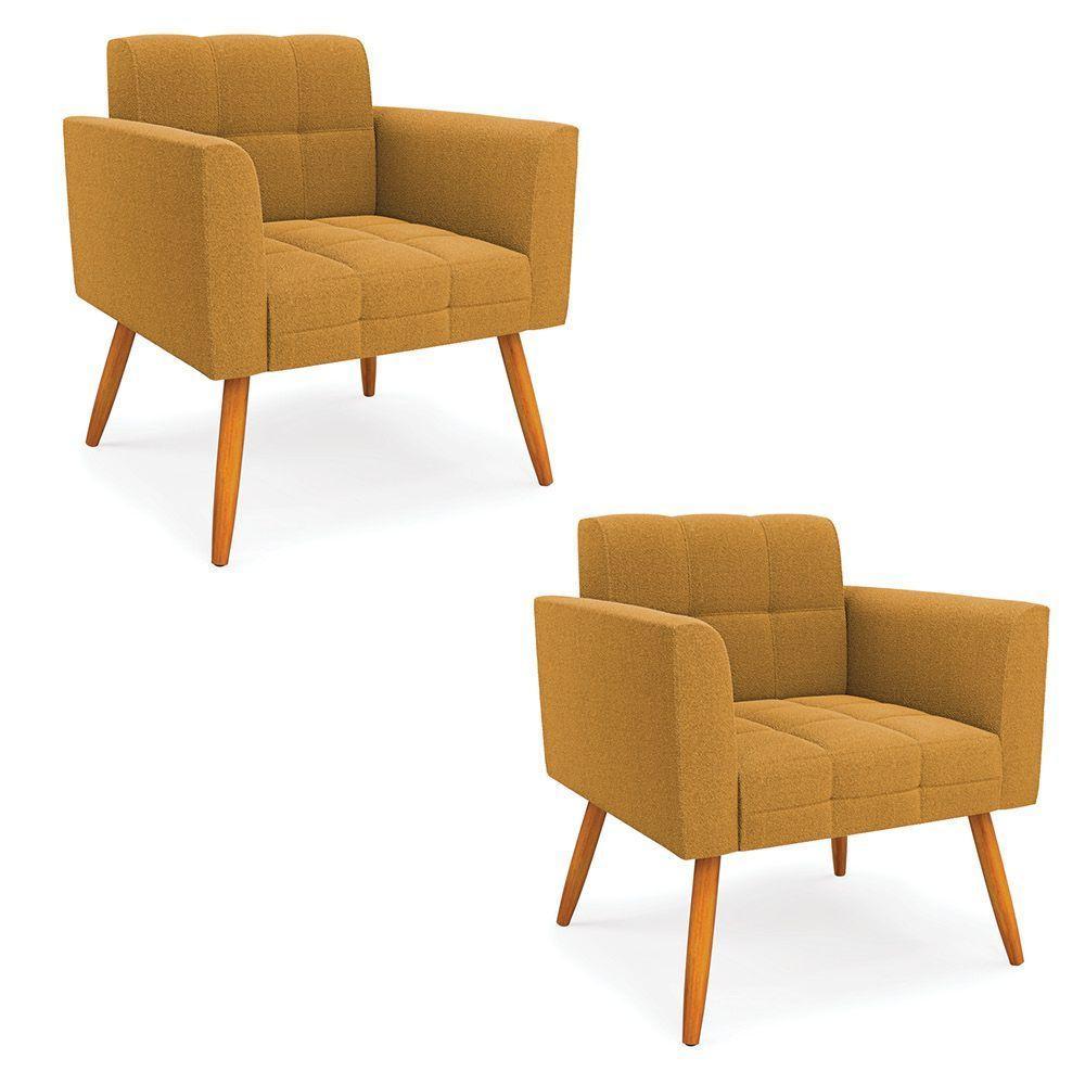 Poltrona Sala Estar Pé Palito Castanho Kit 2 Elisa Bouclê Mostarda D03 - D'rossi - 1