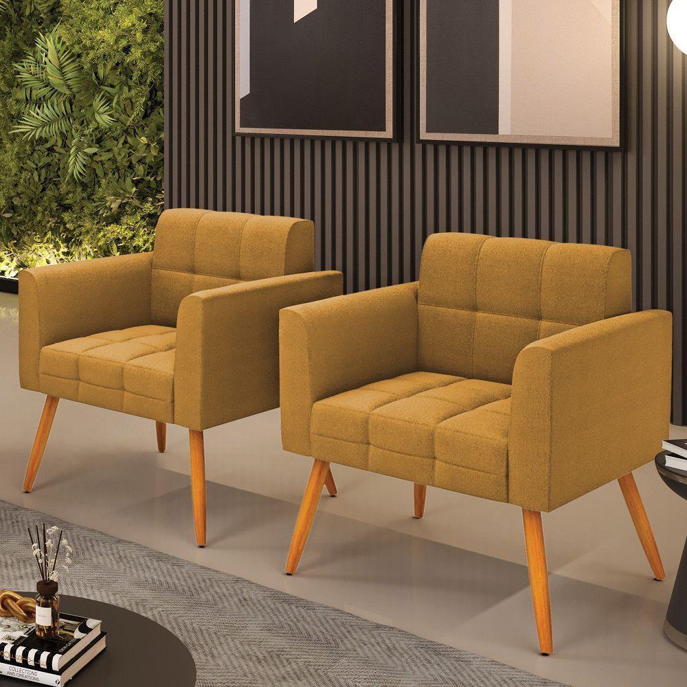 Poltrona Sala Estar Pé Palito Castanho Kit 2 Elisa Bouclê Mostarda D03 - D'rossi - 7