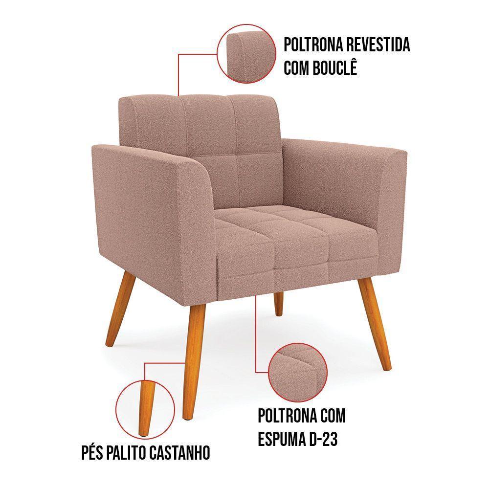 Poltrona Sala Estar Pé Palito Castanho Kit 2 Elisa Bouclê Rosê D03 - D'rossi - 6