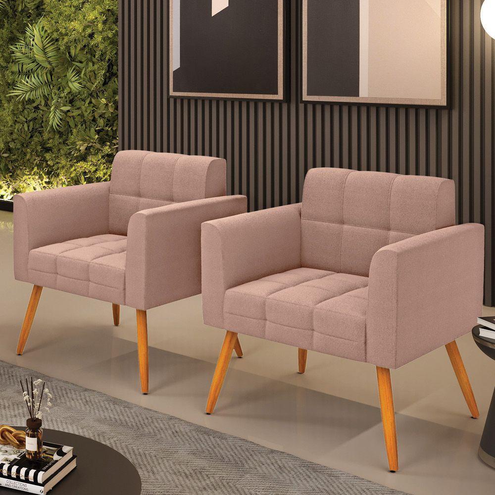 Poltrona Sala Estar Pé Palito Castanho Kit 2 Elisa Bouclê Rosê D03 - D'rossi - 7