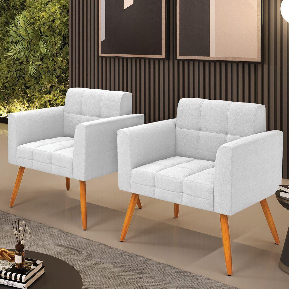 Poltrona Sala Estar Pé Palito Castanho Kit 2 Elisa Bouclê Off Wte D03 - D'rossi - 7