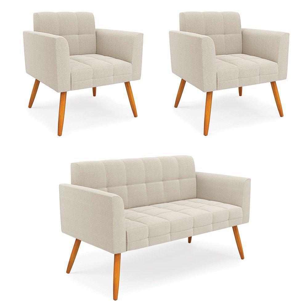 Namoradeira E 2 Poltronas Pé Palito Castanho Elisa Bouclê Bege D03 - D'rossi - 1