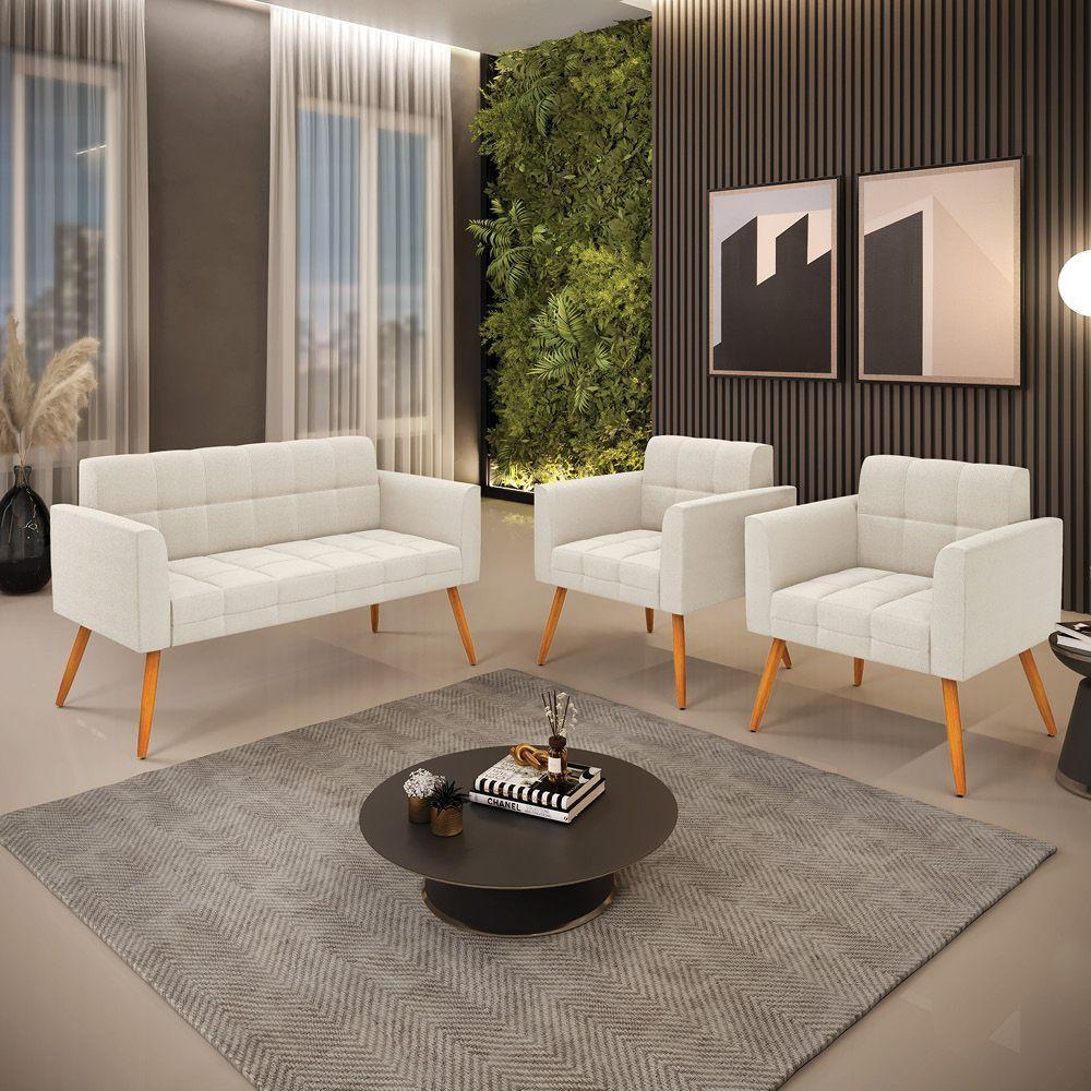 Namoradeira E 2 Poltronas Pé Palito Castanho Elisa Bouclê Bege D03 - D'rossi - 7