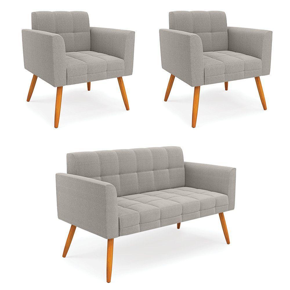 Namoradeira E 2 Poltronas Pé Palito Castanho Elisa Bouclê Cinza D03 - D'rossi - 1