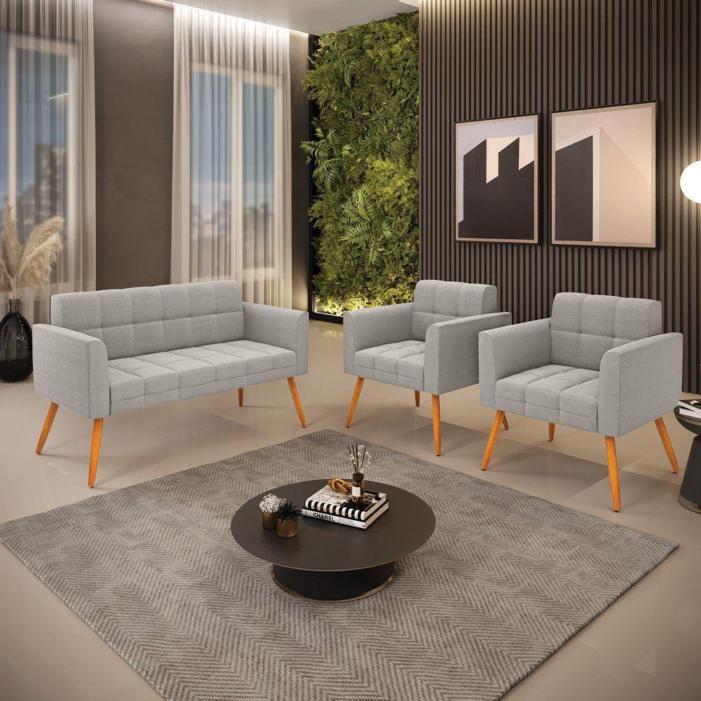 Namoradeira E 2 Poltronas Pé Palito Castanho Elisa Bouclê Cinza D03 - D'rossi - 7