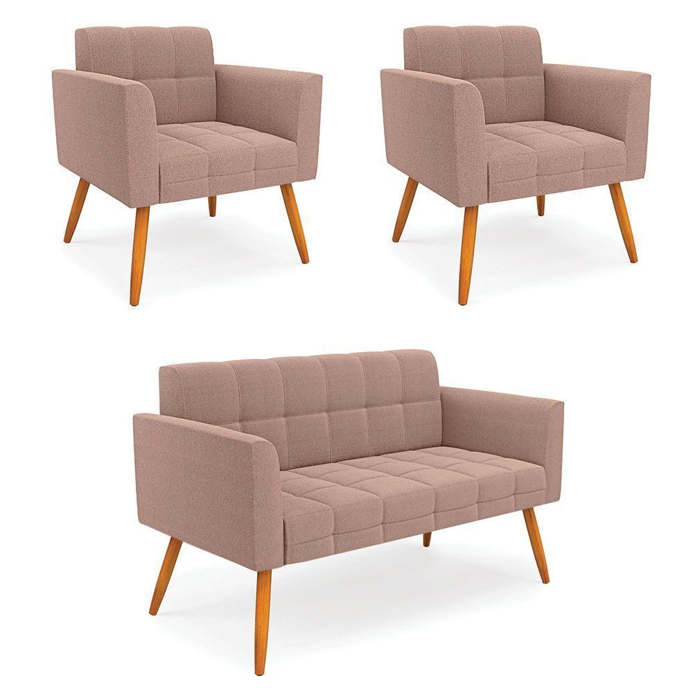 Namoradeira E 2 Poltronas Pé Palito Castanho Elisa Bouclê Rosê D03 - D'rossi - 1