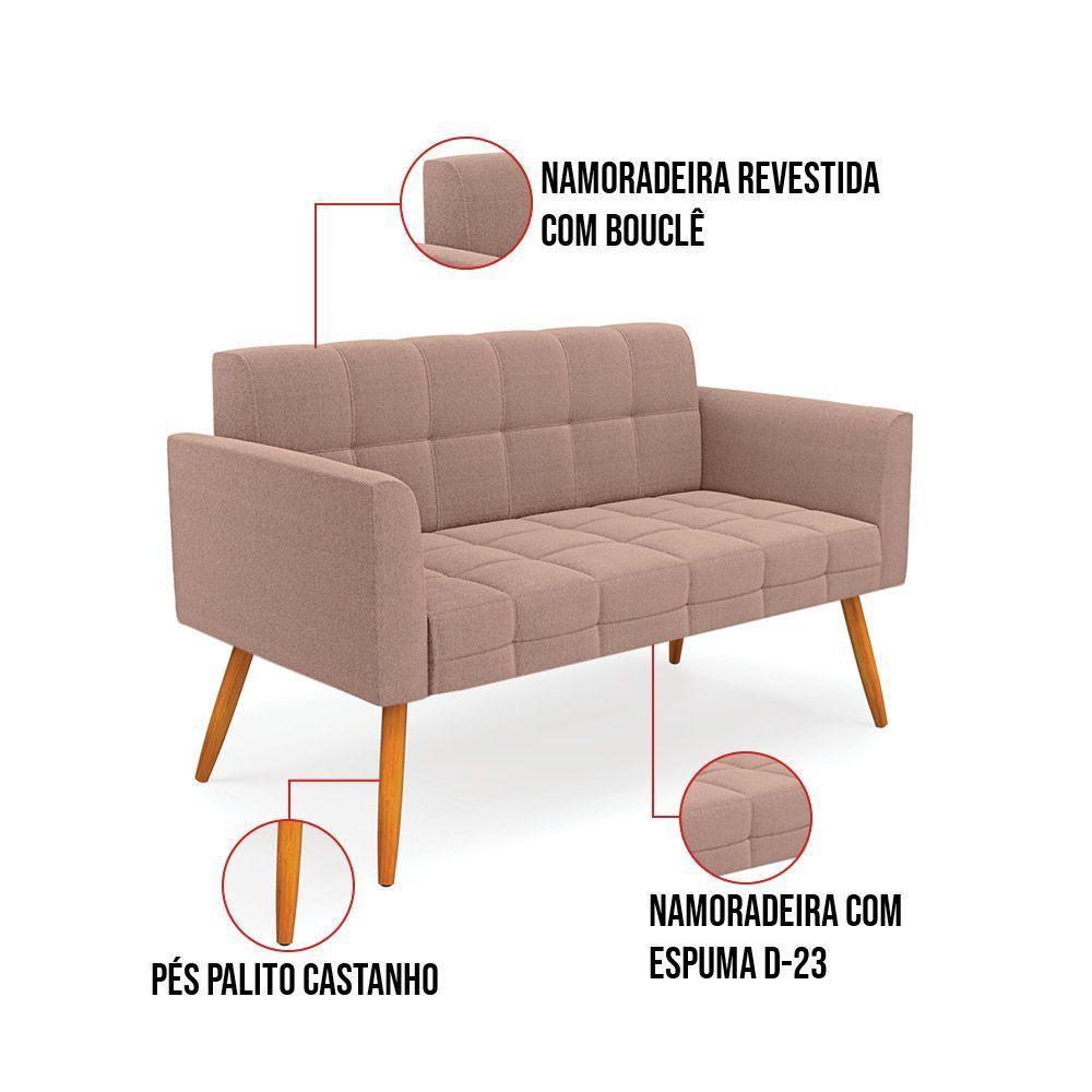 Namoradeira E 2 Poltronas Pé Palito Castanho Elisa Bouclê Rosê D03 - D'rossi - 6