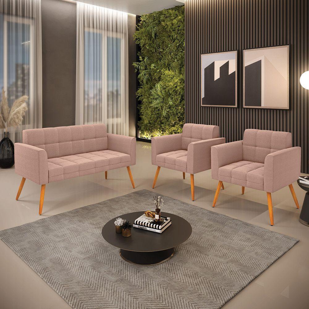 Namoradeira E 2 Poltronas Pé Palito Castanho Elisa Bouclê Rosê D03 - D'rossi - 7