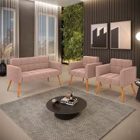 Namoradeira E 2 Poltronas Pé Palito Castanho Elisa Bouclê Rosê D03 - D'rossi - 7