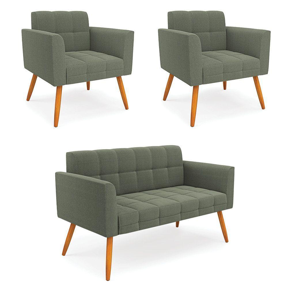 Namoradeira E 2 Poltronas Pé Palito Castanho Elisa Bouclê Menta D03 - D'rossi - 1