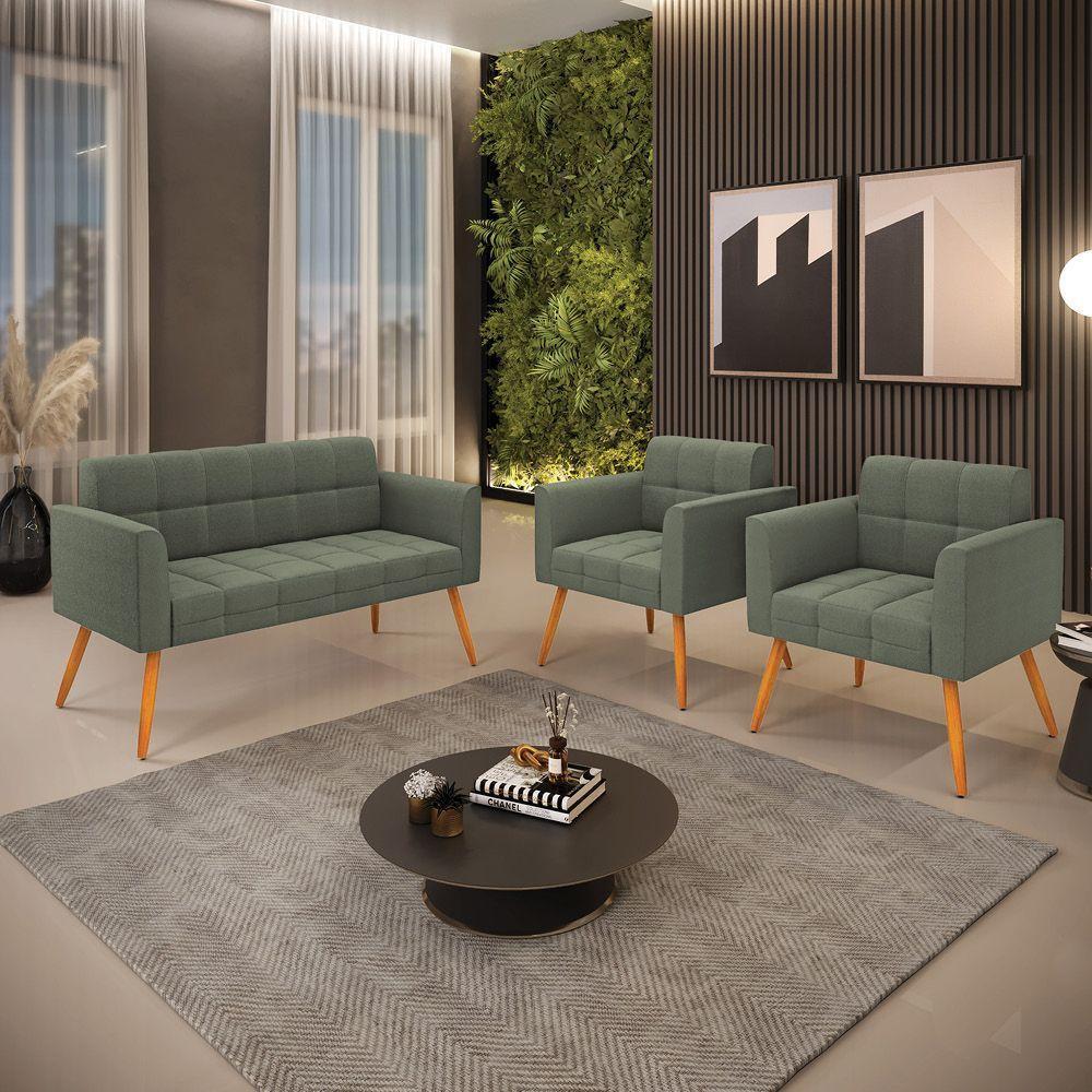 Namoradeira E 2 Poltronas Pé Palito Castanho Elisa Bouclê Menta D03 - D'rossi - 7