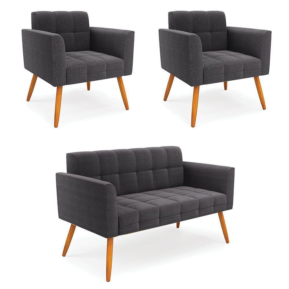 Namoradeira E 2 Poltronas Pé Palito Castanho Elisa Bouclê Grafite D03 - D'rossi - 1