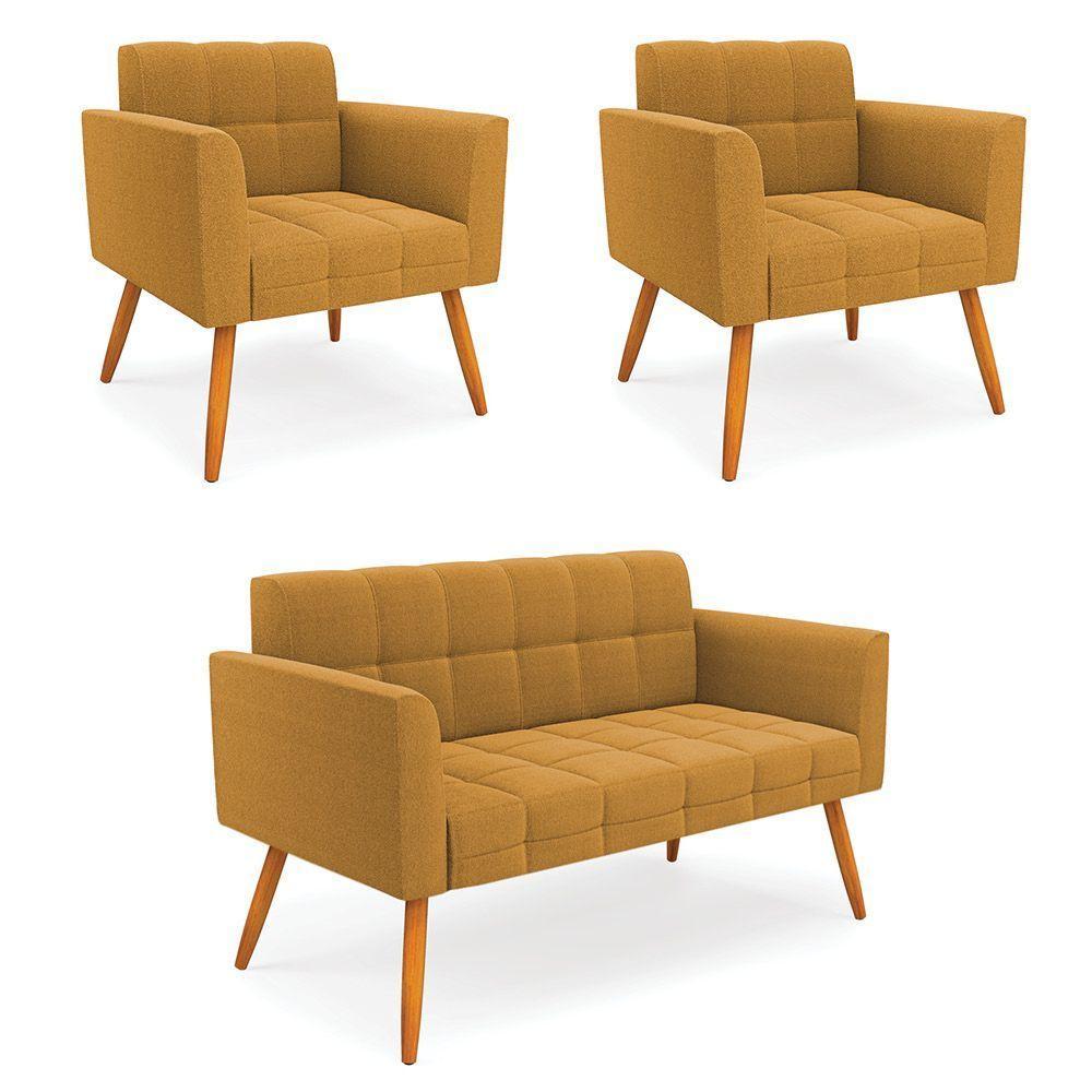 Namoradeira E 2 Poltronas Pé Palito Castanho Elisa Bouclê Mostarda D03 - D'rossi - 1