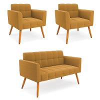 Namoradeira E 2 Poltronas Pé Palito Castanho Elisa Bouclê Mostarda D03 - D'rossi - 1